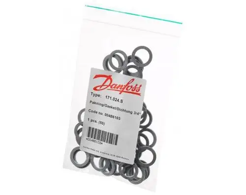 Dichtungssättel in einer transparenten Verpackung mit Danfoss-Logo, sichtbar sind mehrere graue Dichtungsringe, die für undichte Verbindungen verwendet werden können.
